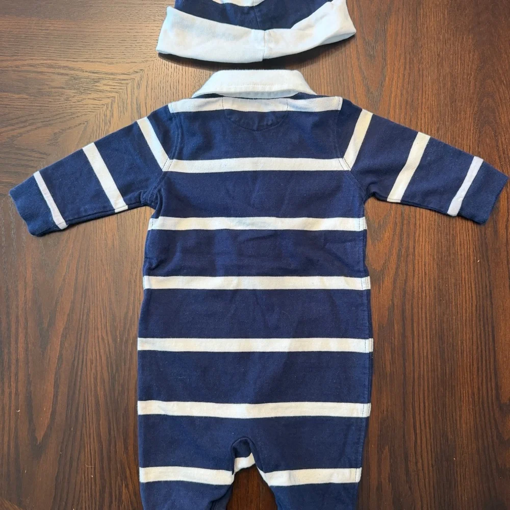 Ralph Lauren Baby Polo Rugby Striped Romper Hat Set 3M Navy White Cotton